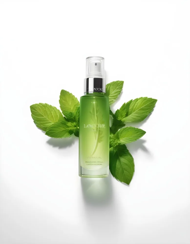 A Bottle Of Lancome Serum With Mint Leaves On A White Background Product Photography Studio Shot Clean Minimalist 31 951a