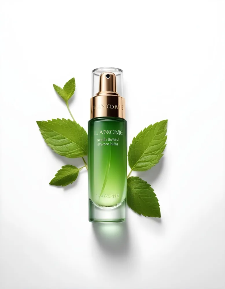 A Bottle Of Lancome Serum With Mint Leaves On A White Background Product Photography Studio Shot Clean Minimalist 6 1e2b