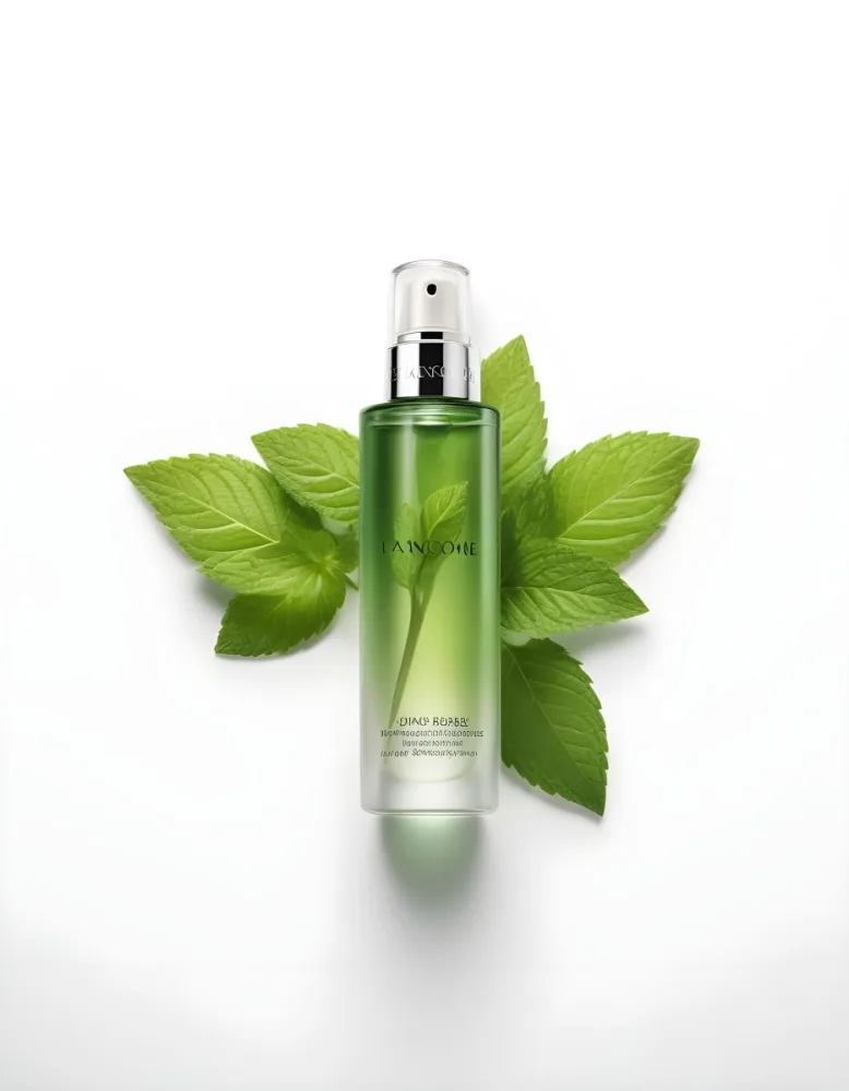 A Bottle Of Lancome Serum With Mint Leaves On A White Background Product Photography Studio Shot Clean Minimalist 7 D6a3