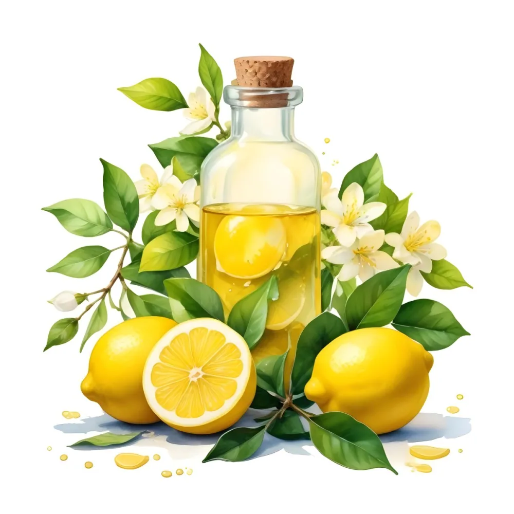 A Bottle Of Lemon Oil Surrounded By Lemons Lemon Blossoms And Leaves Watercolor Painting On White Background Botanical Illustration 11 7504
