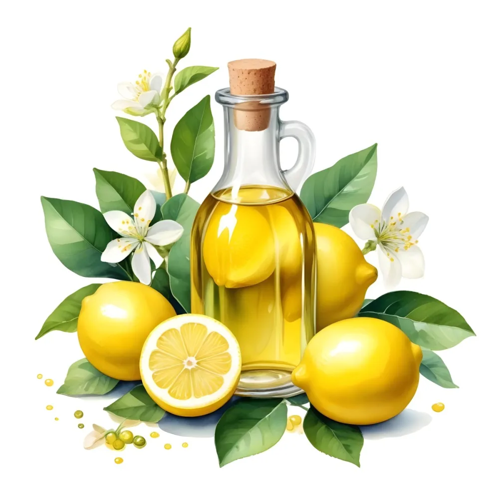A Bottle Of Lemon Oil Surrounded By Lemons Lemon Blossoms And Leaves Watercolor Painting On White Background Botanical Illustration 18 710b