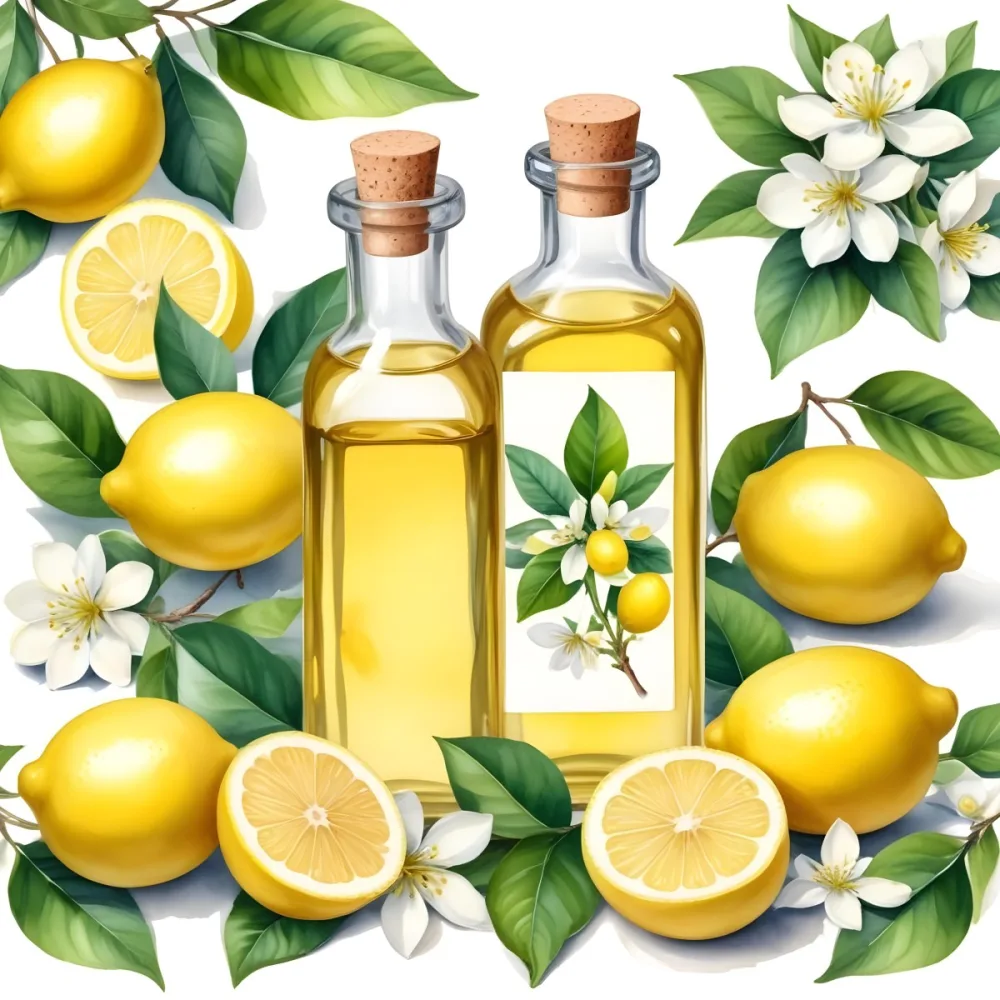 A Bottle Of Lemon Oil Surrounded By Lemons Lemon Blossoms And Leaves Watercolor Painting On White Background Botanical Illustration 20 B15a