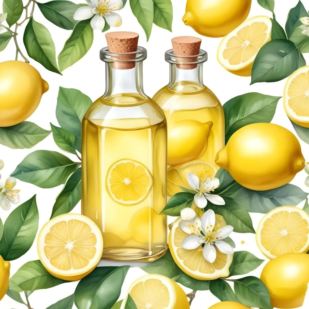 A Bottle Of Lemon Oil Surrounded By Lemons Lemon Blossoms And Leaves Watercolor Painting On White Background Botanical Illustration 26 5f24