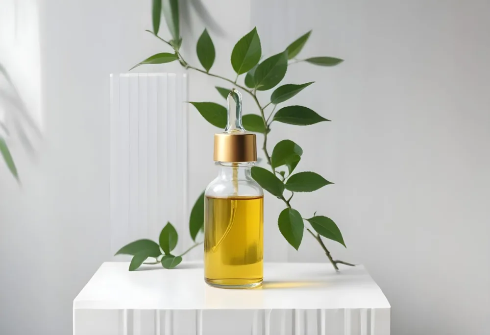 A Bottle Of Oil With A Dropper On A White Pedestal With A Corrugated Glass And Green Leaves In The Background 22 0a57