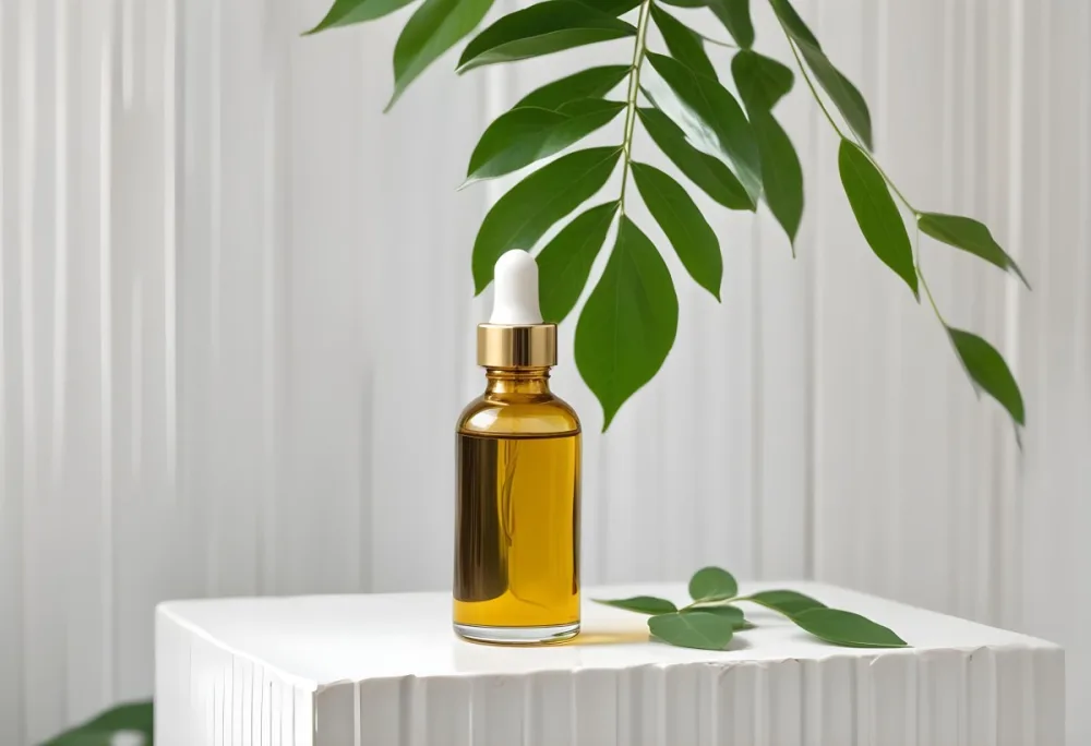 A Bottle Of Oil With A Dropper On A White Pedestal With A Corrugated Glass And Green Leaves In The Background 3 814a