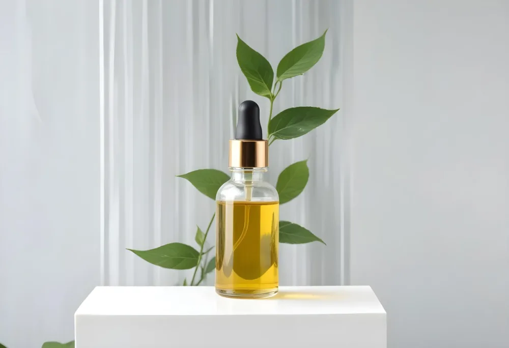 A Bottle Of Oil With A Dropper On A White Pedestal With A Corrugated Glass And Green Leaves In The Background 59 7f7c