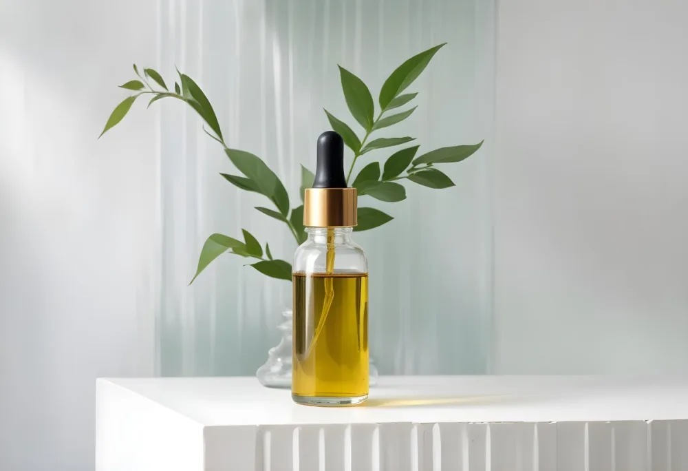 A Bottle Of Oil With A Dropper On A White Pedestal With A Corrugated Glass And Green Leaves In The Background 60 7b06