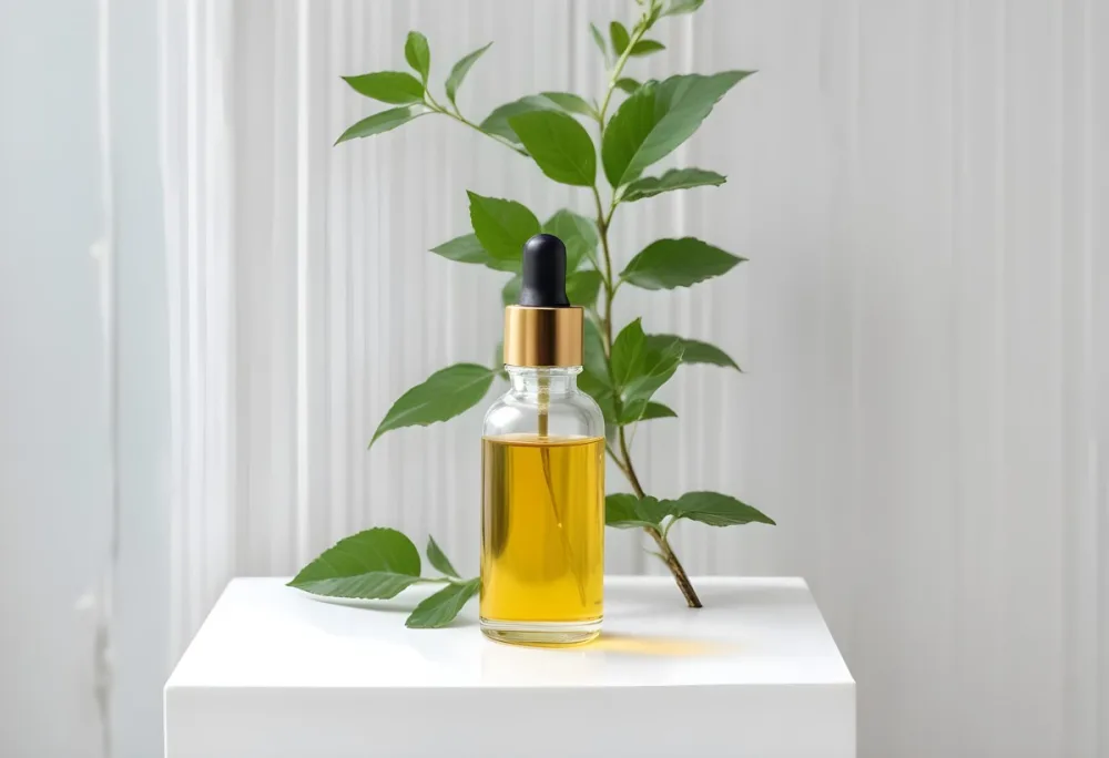 A Bottle Of Oil With A Dropper On A White Pedestal With A Corrugated Glass And Green Leaves In The Background 61 Eb31