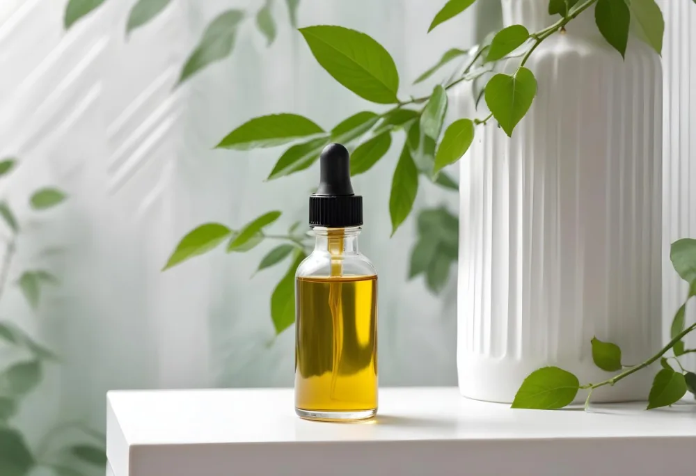 A Bottle Of Oil With A Dropper On A White Pedestal With A Corrugated Glass And Green Leaves In The Background 62 4009