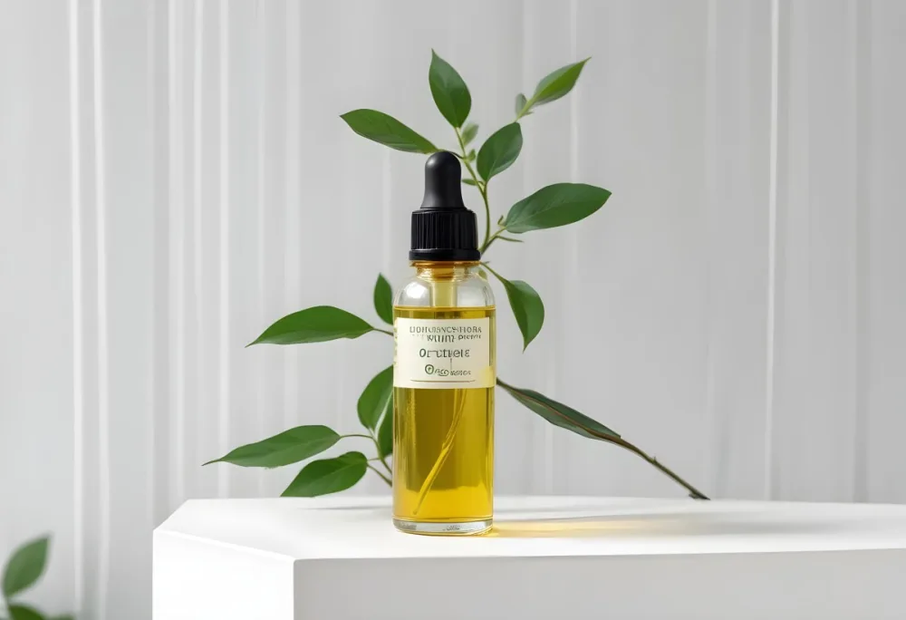 A Bottle Of Oil With A Dropper On A White Pedestal With A Corrugated Glass And Green Leaves In The Background 66 52a7