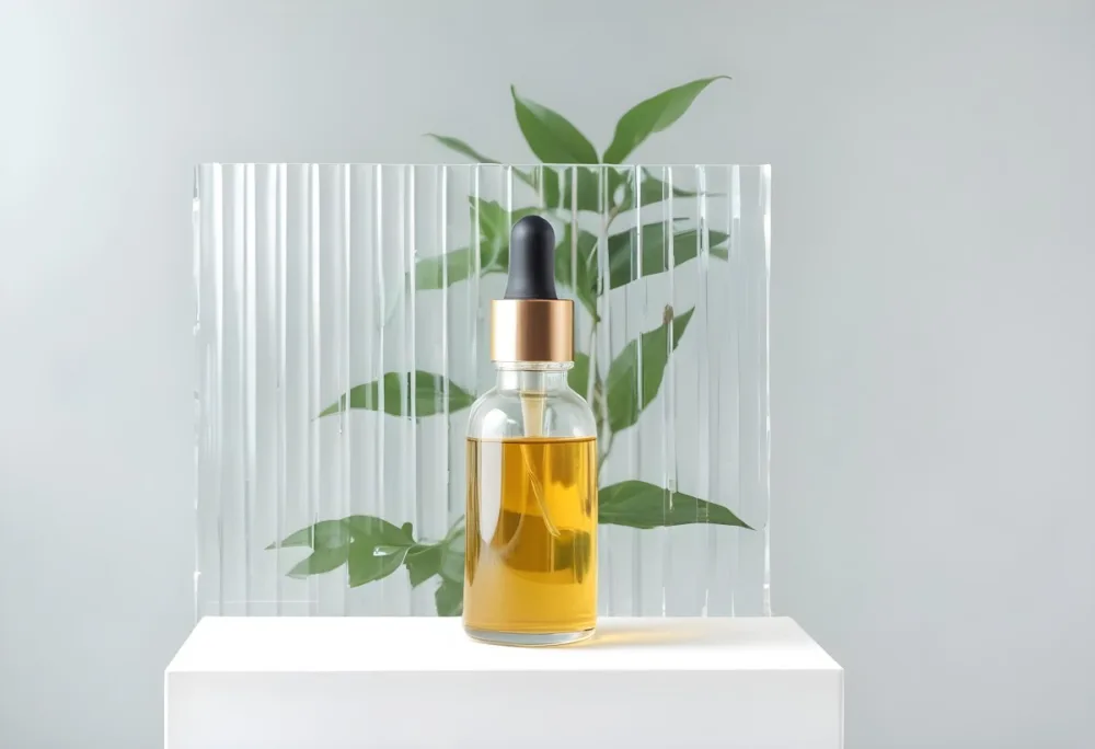 A Bottle Of Oil With A Dropper On A White Pedestal With A Corrugated Glass And Green Leaves In The Background 8 37b3