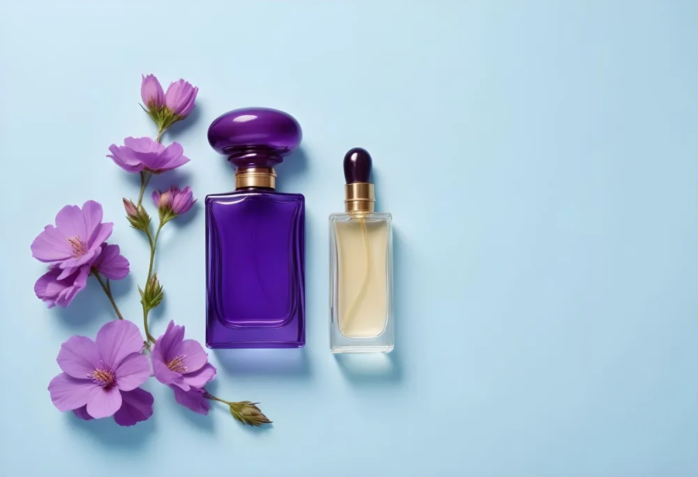 A Bottle Of Perfume With A Purple Cap Surrounded By Purple Flowers On A Light Blue Background 14 6468