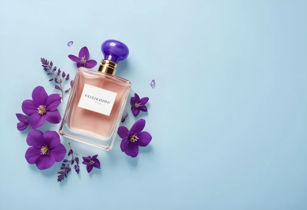 A Bottle Of Perfume With A Purple Cap Surrounded By Purple Flowers On A Light Blue Background 23 1a3a