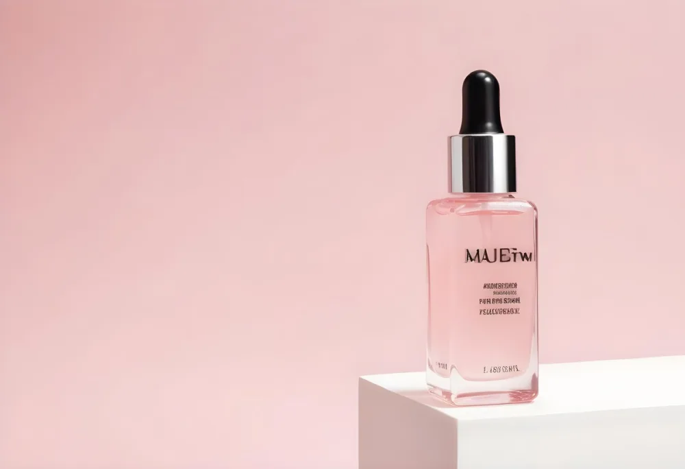 A Bottle Of Pink Serum With A Dropper On A White Pedestal Light Pink Background 18 F0b8