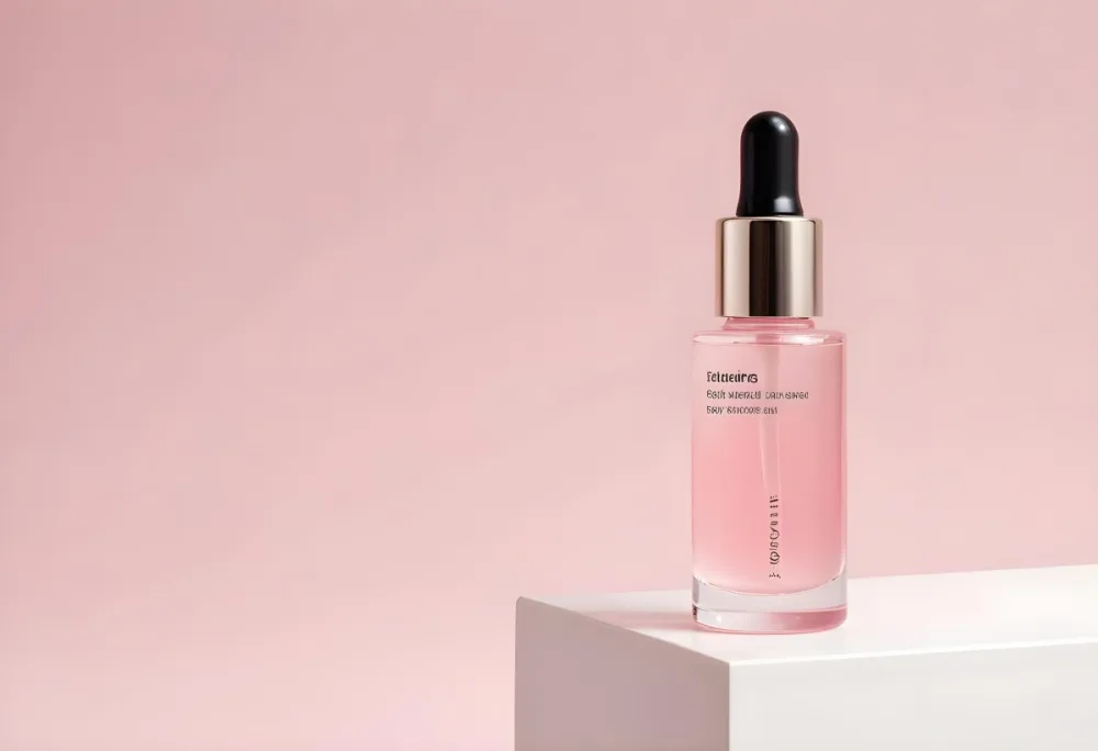 A Bottle Of Pink Serum With A Dropper On A White Pedestal Light Pink Background 37 29ae