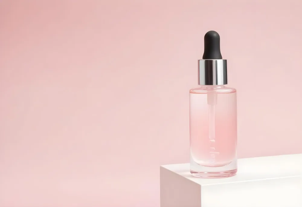 A Bottle Of Pink Serum With A Dropper On A White Pedestal Light Pink Background 7 9b3a