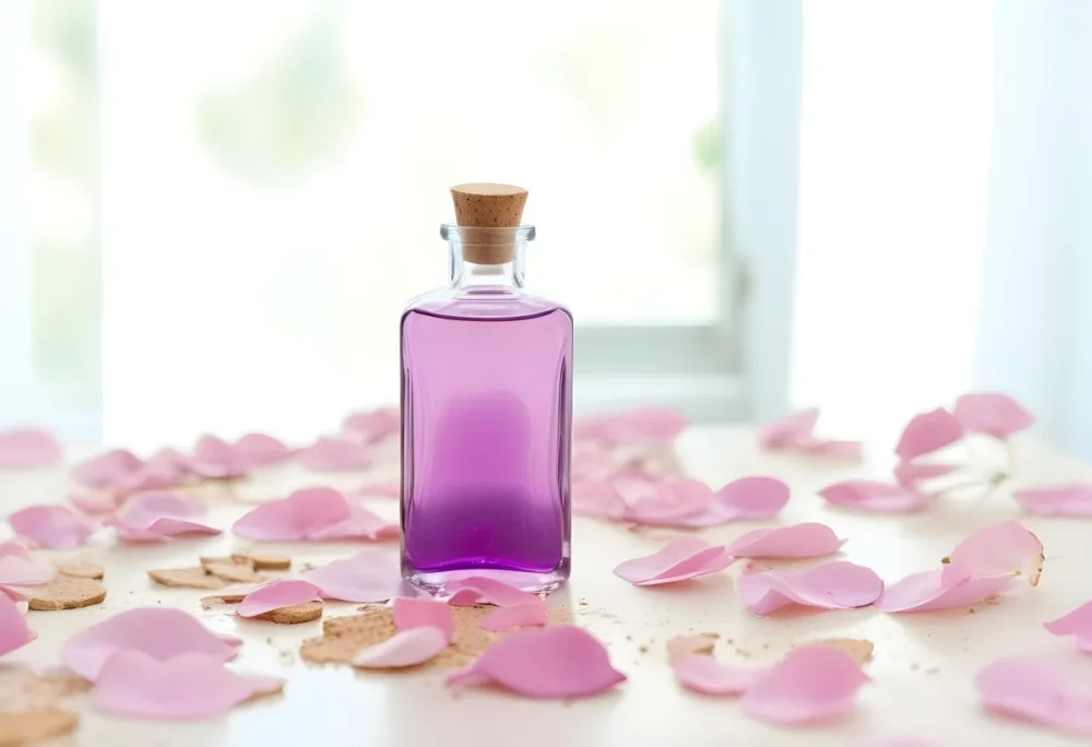 A Bottle Of Purple Liquid With A Cork Stopper Surrounded By Pink Flower Petals In A Bright Room With A Window 1 095e
