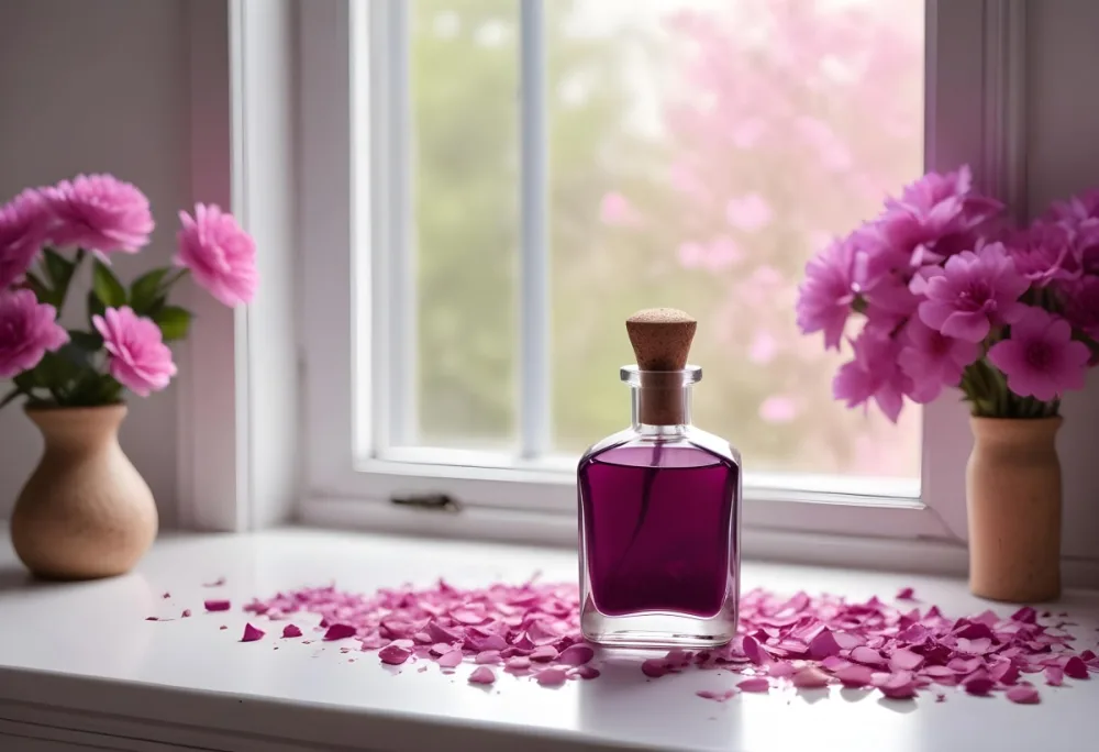 A Bottle Of Purple Liquid With A Cork Stopper Surrounded By Pink Flower Petals In A Bright Room With A Window 14 9f36
