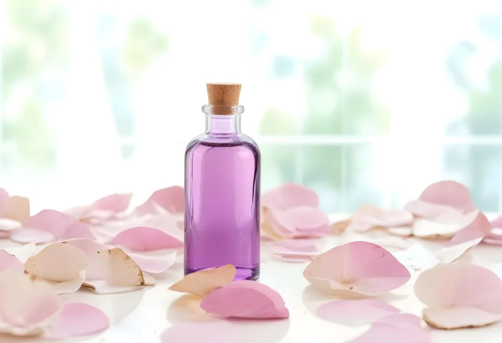 A Bottle Of Purple Liquid With A Cork Stopper Surrounded By Pink Flower Petals In A Bright Room With A Window 33 F6d1