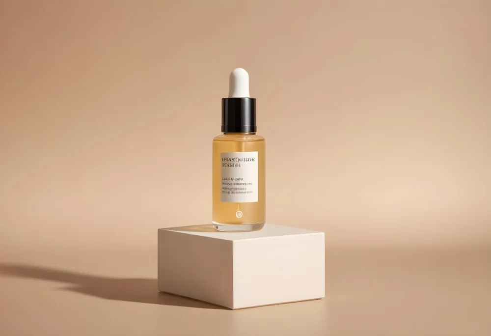 A Bottle Of Serum With A Dropper On A White Pedestal The Background Is A Solid Beige Color The Lighting Is Soft And Diffused 2 4b58