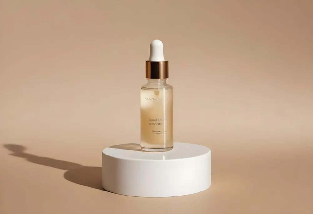 A Bottle Of Serum With A Dropper On A White Pedestal The Background Is A Solid Beige Color The Lighting Is Soft And Diffused 30 Db24