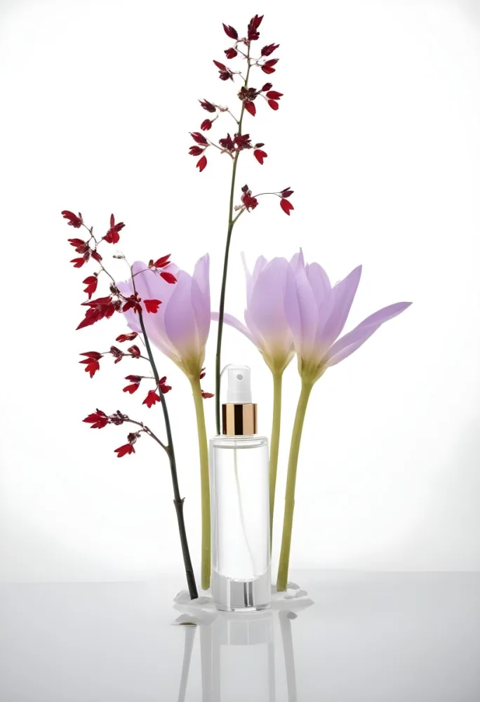 A Bottle Of Serum With Red Flowers And Red Leaves On A White Background Product Photography Beauty Product Minimalist Studio Shot 1 Fb05