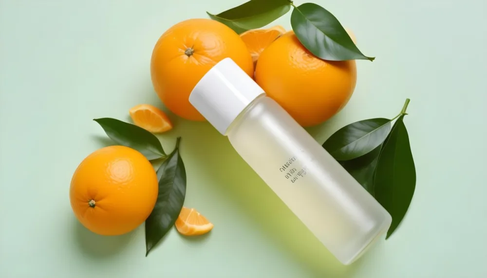 A Bottle Of Skincare Product With Fresh Oranges And Leaves On A Light Green Background 13 2d35