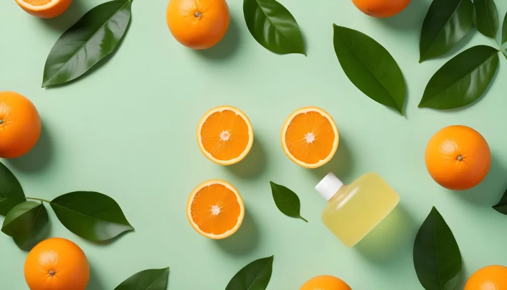A Bottle Of Skincare Product With Fresh Oranges And Leaves On A Light Green Background 2 3297