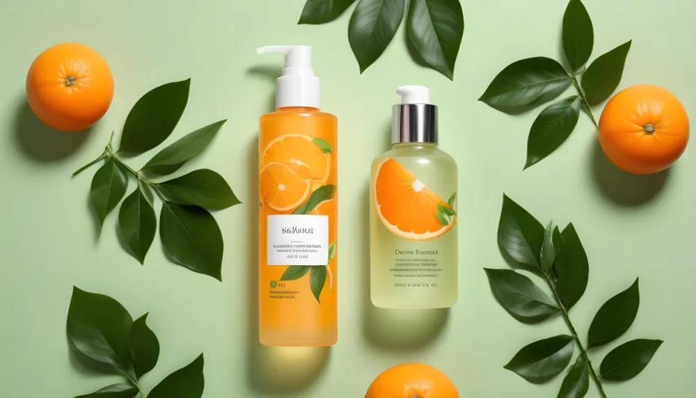A Bottle Of Skincare Product With Fresh Oranges And Leaves On A Light Green Background 3 87ca