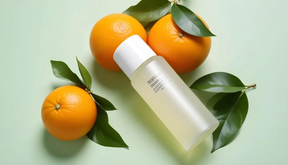 A Bottle Of Skincare Product With Fresh Oranges And Leaves On A Light Green Background 4 B658