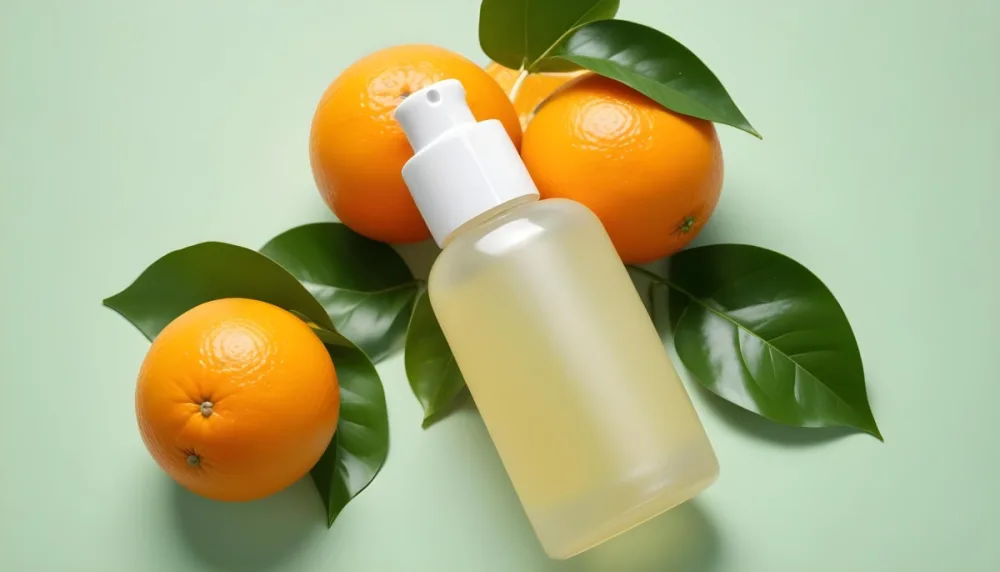 A Bottle Of Skincare Product With Fresh Oranges And Leaves On A Light Green Background 5 0fda