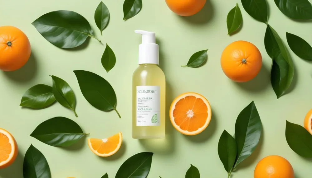 A Bottle Of Skincare Product With Fresh Oranges And Leaves On A Light Green Background 6 33bc