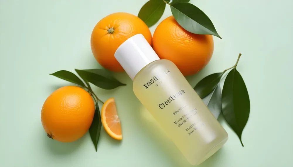 A Bottle Of Skincare Product With Fresh Oranges And Leaves On A Light Green Background 8 7af0