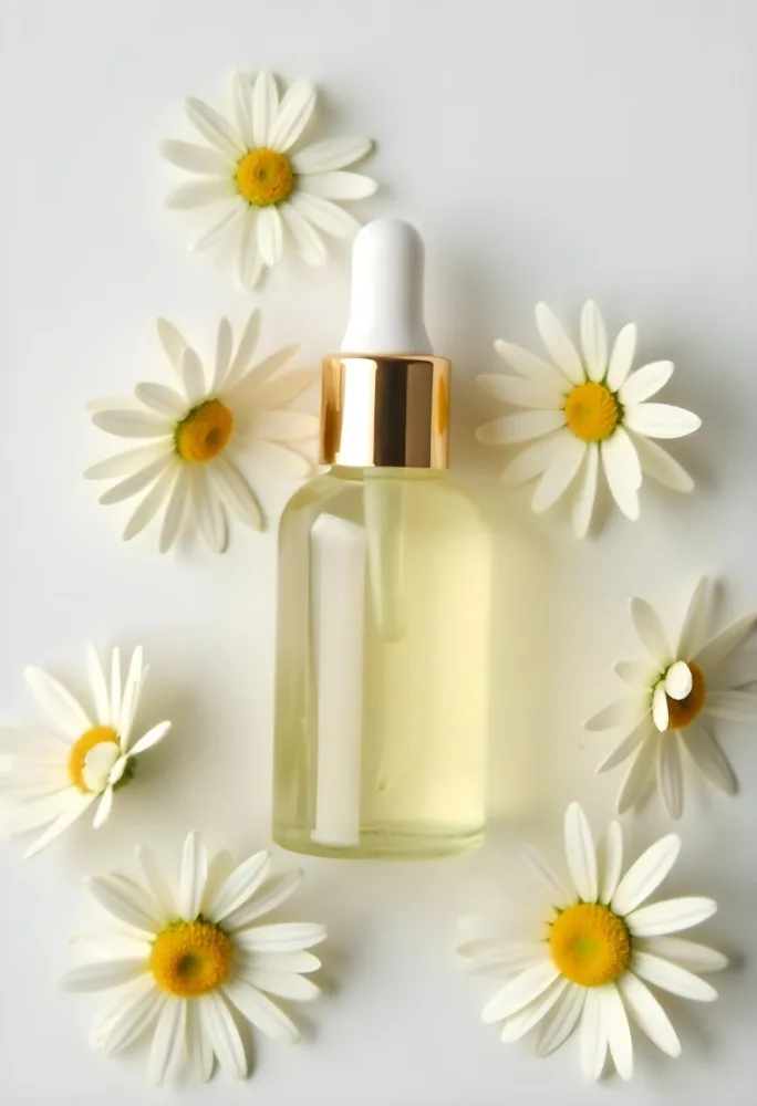 A Bottle Of Yellow Liquid Surrounded By White Daisy Flowers On A Light Background 16