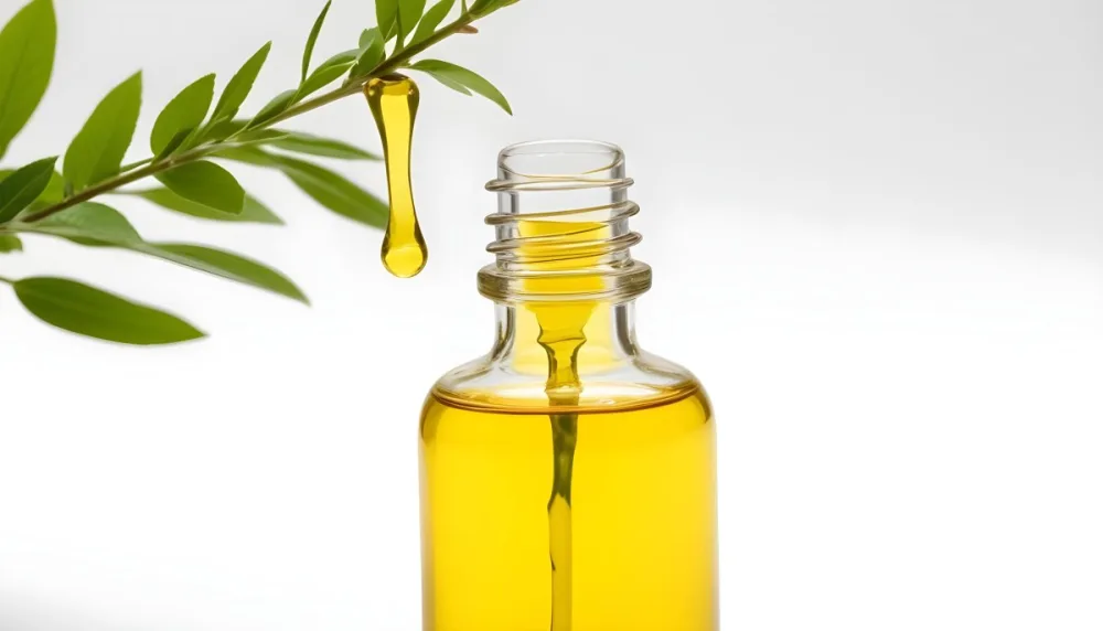 A Bottle Of Yellow Liquid With A Dropper Above It A Green Branch On The Side In A White Background 13 2b9f