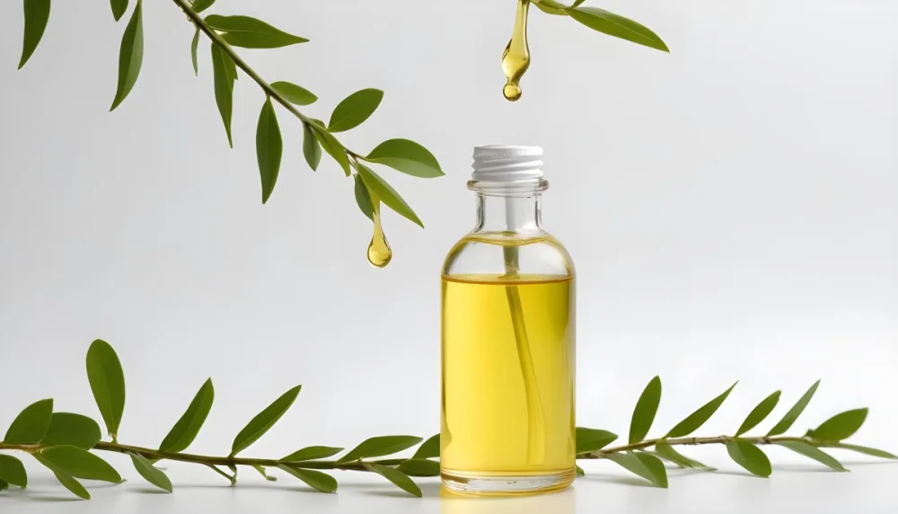 A Bottle Of Yellow Liquid With A Dropper Above It A Green Branch On The Side In A White Background 23 C740