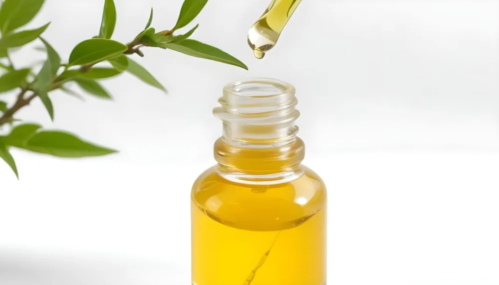 A Bottle Of Yellow Liquid With A Dropper Above It A Green Branch On The Side In A White Background 28 1793