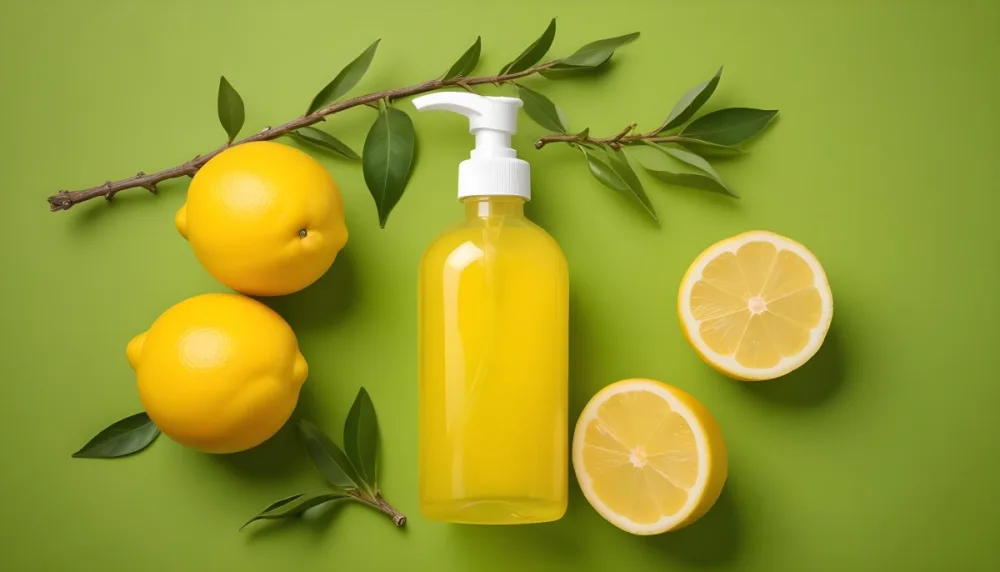 A Bottle Of Yellow Liquid With A Pump Dispenser Surrounded By Fresh Lemons And Twigs On A Bright Green Background 15 5517