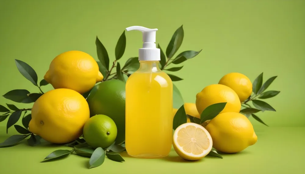 A Bottle Of Yellow Liquid With A Pump Dispenser Surrounded By Fresh Lemons And Twigs On A Bright Green Background 30 70ac