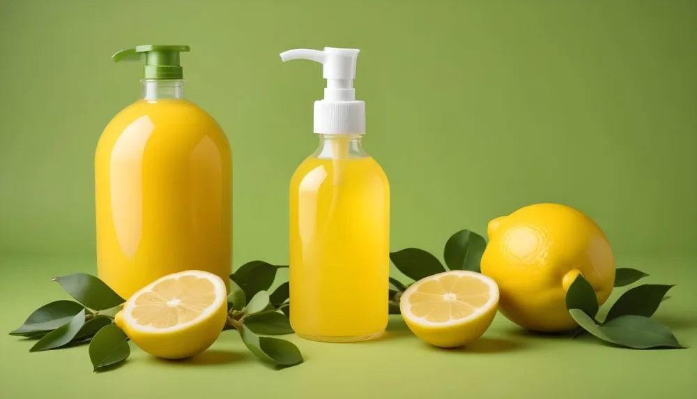 A Bottle Of Yellow Liquid With A Pump Dispenser Surrounded By Fresh Lemons And Twigs On A Bright Green Background 36 Fbb4