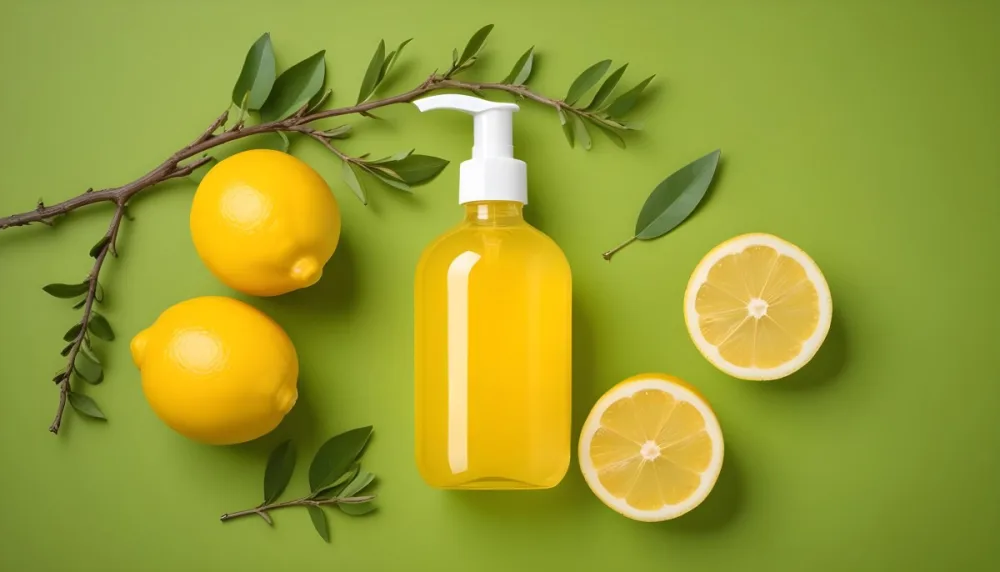 A Bottle Of Yellow Liquid With A Pump Dispenser Surrounded By Fresh Lemons And Twigs On A Bright Green Background 39 A8d9