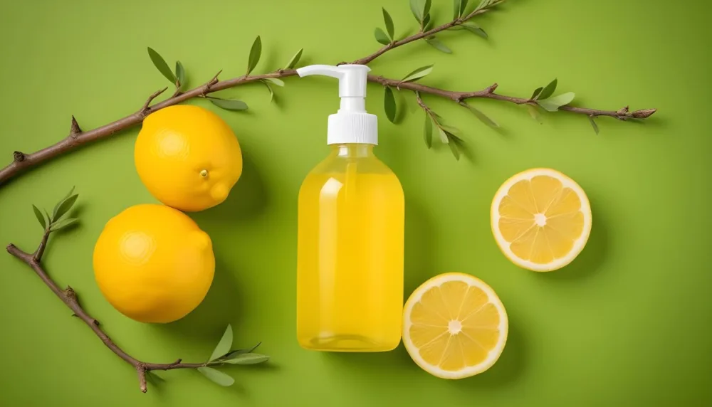 A Bottle Of Yellow Liquid With A Pump Dispenser Surrounded By Fresh Lemons And Twigs On A Bright Green Background 41 C586
