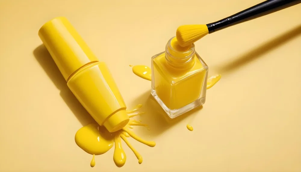 A Bottle Of Yellow Nail Polish With A Yellow Cap And Brush A Drop Of Nail Polish On A Yellow Background 22 Df24