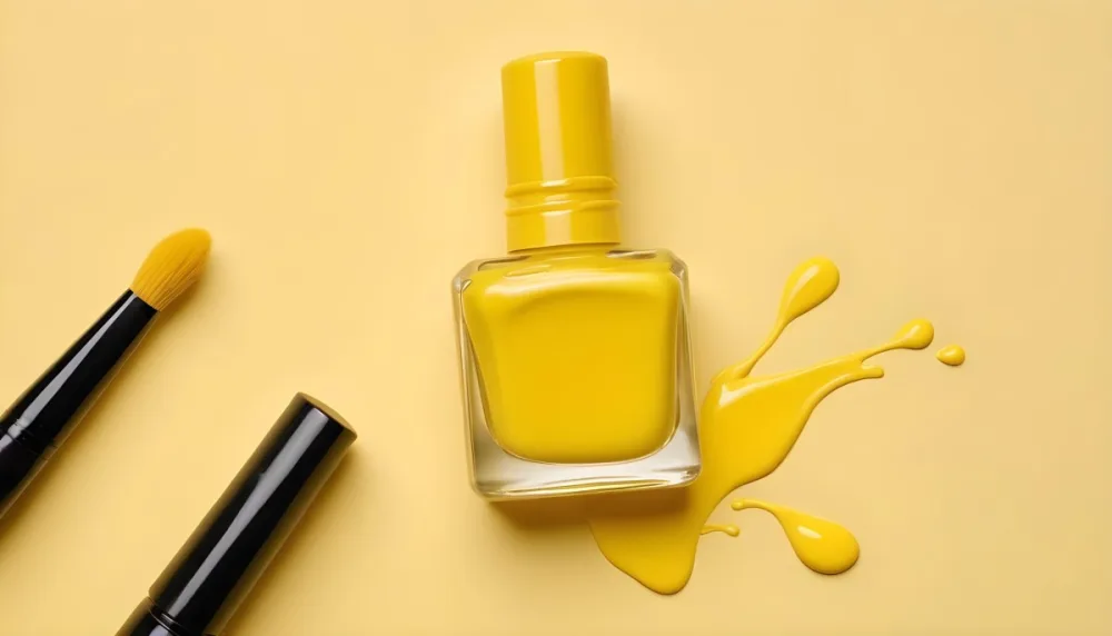 A Bottle Of Yellow Nail Polish With A Yellow Cap And Brush A Drop Of Nail Polish On A Yellow Background 25 8cba