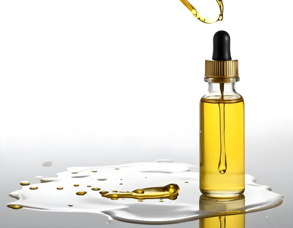 A Bottle Of Yellow Oil With A Dropper A Splash Of Oil On A White Surface And A White Background 10 5f79