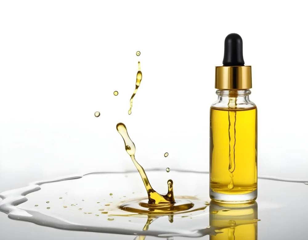 A Bottle Of Yellow Oil With A Dropper A Splash Of Oil On A White Surface And A White Background 14 Be4a
