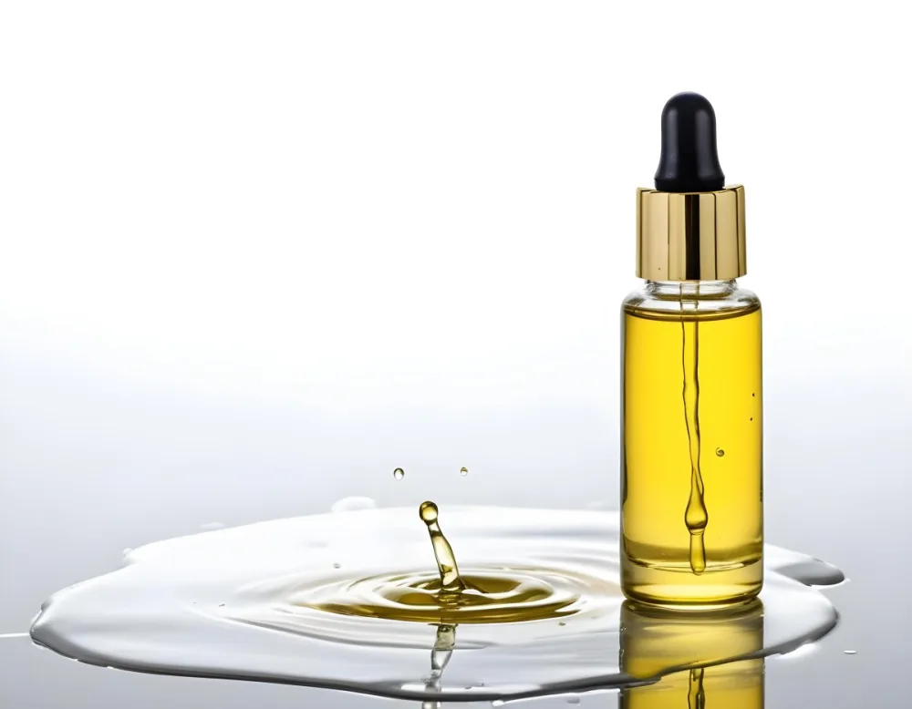 A Bottle Of Yellow Oil With A Dropper A Splash Of Oil On A White Surface And A White Background 17 139c