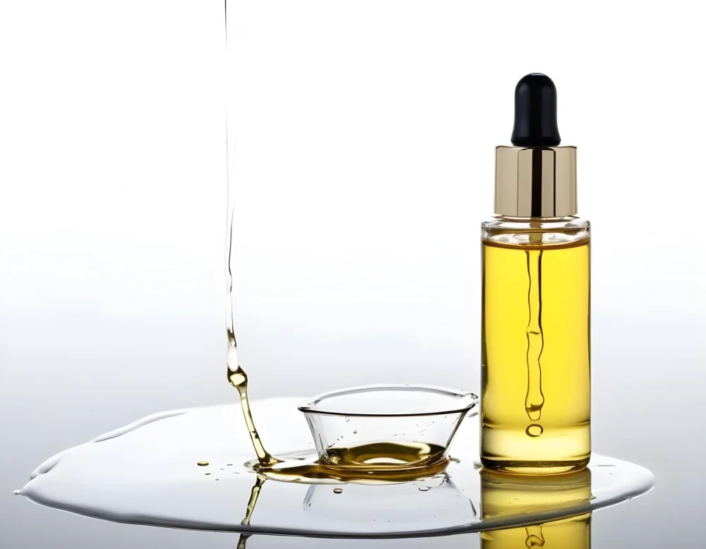 A Bottle Of Yellow Oil With A Dropper A Splash Of Oil On A White Surface And A White Background 18 2dc0