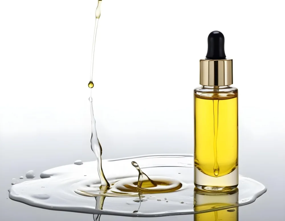 A Bottle Of Yellow Oil With A Dropper A Splash Of Oil On A White Surface And A White Background 8 Bd14