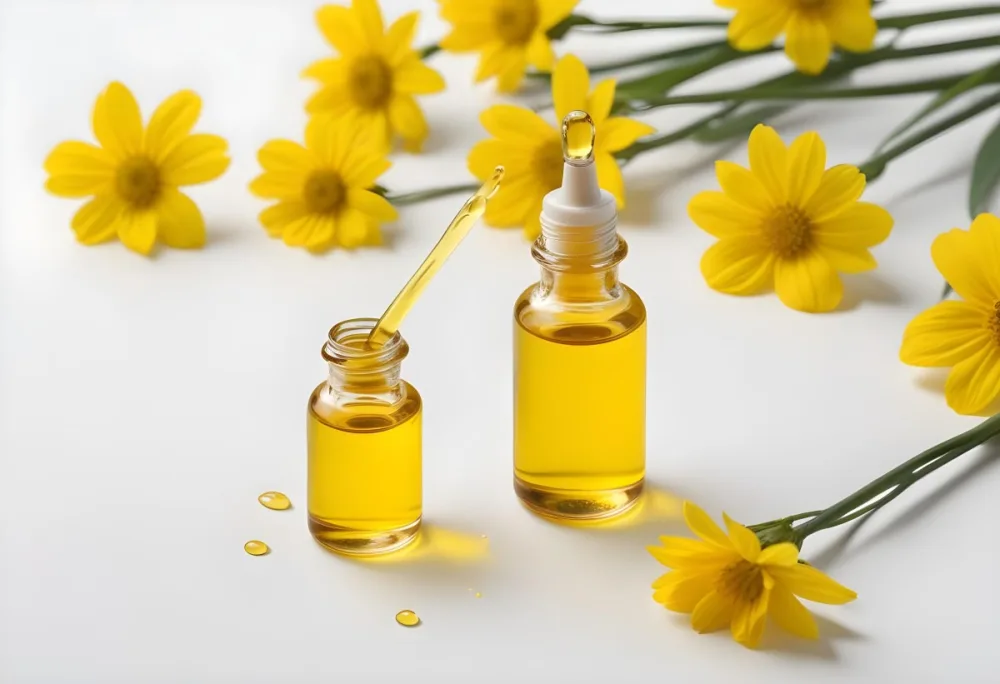 A Bottle Of Yellow Oil With A Dropper Next To Some Yellow Flowers On A White Surface 11 Fb01